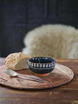 Nightbloom Folk Bowls,  stoneware bowls in rich midnight blue with delicate white folk-pattern, Rustic Farmhouse Bowls, Winter Farmhouse Style