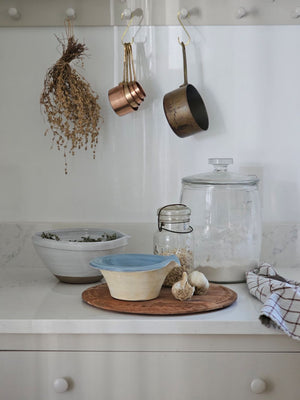 Farmhouse Kitchen, Rustic Kitchen, Rustic Bowls, Bread Board with Bowls, Pour Bowls, White and Blue Bowls