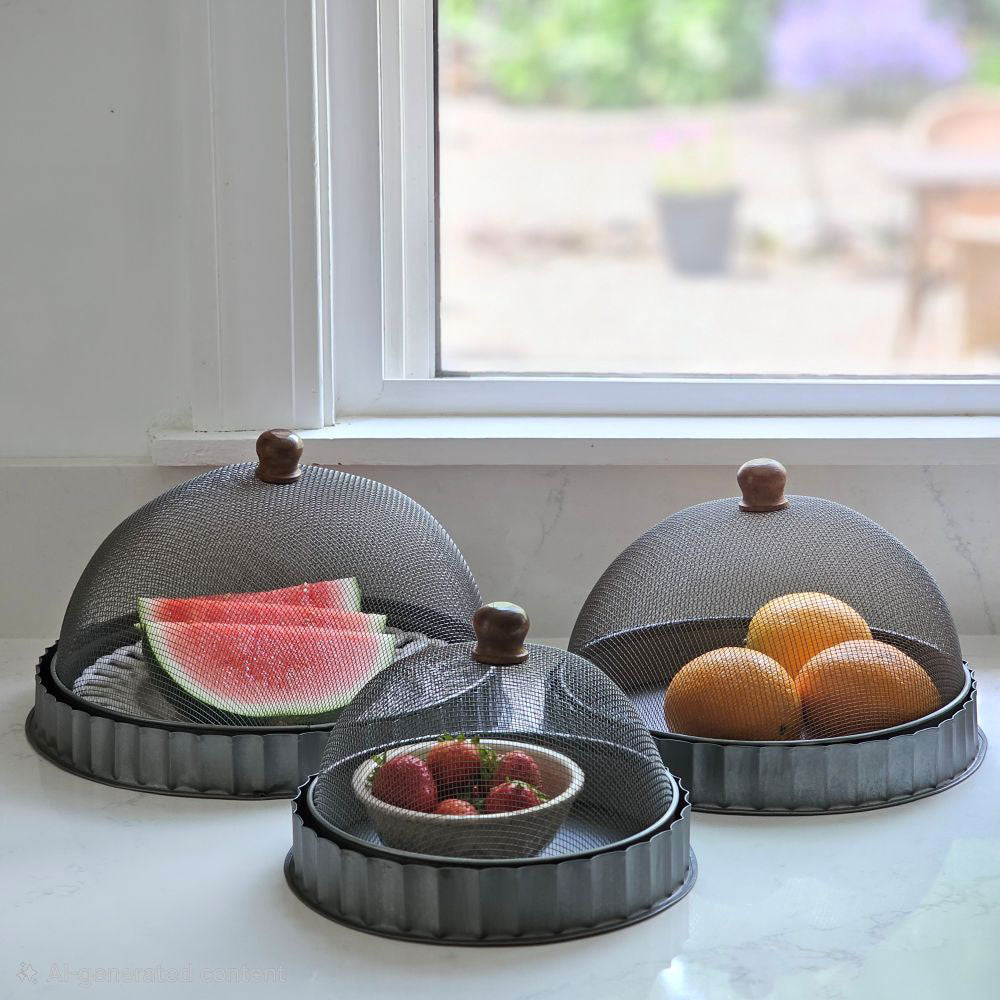 Keep bugs at bay on warm summer days with our Screen Food Covers with Metal Base, Set of Three . A wire mesh cloche, also known as a shoo-fly, is perfect for protecting food from flies and other insects. Our set of three Wire Mesh Food Covers has tons of vintage charm and offers a range of sizes. They feature aged metal base with scalloped edges. Add rustic elegance to your farmhouse kitchen or patio with our vintage style Screen Food Cover Cloches