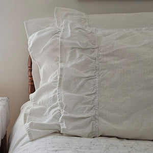 Our Serenity White Lush Ruffle Pillowcase Set brings a dreamy antique linen look to any bedroom. These 100% cotton pillowcases feature a weave with a substantial-weight that lends a vintage, old-world linen texture and style that is both durable and surprisingly soft to the touch. Features two lavish rows of ruffles accenting the open edge of the pillowcases. Each ruffle measures 5" long with the top ruffle slightly overlapping the other. They blend easily with cottage, farmhouse, and minimal bedroom styles