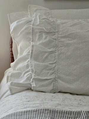 Our Serenity White Lush Ruffle Pillowcase Set brings a dreamy antique linen look to any bedroom. These 100% cotton pillowcases feature a weave with a substantial-weight that lends a vintage, old-world linen texture and style that is both durable and surprisingly soft to the touch. Features two lavish rows of ruffles accenting the open edge of the pillowcases. Each ruffle measures 5" long with the top ruffle slightly overlapping the other. They blend easily with cottage, farmhouse, and minimal bedroom styles