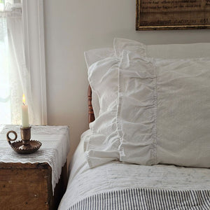Our Serenity White Lush Ruffle Pillowcase Set brings dreamy cottage style to any bedroom. This ultra soft pillowcase set features two lavish rows of ruffles accenting the open edge of the pillowcases. Each ruffle measures 5" long with the top ruffle slightly overlapping the other. These 100% cotton pillowcases feature a weave with a substantial-weight that lends a vintage, old-world linen look and is both durable and surprisingly soft to the touch.
