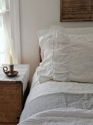 Our Serenity White Lush Ruffle Pillowcase Set brings a dreamy antique linen look to any bedroom. These 100% cotton pillowcases feature a weave with a substantial-weight that lends a vintage, old-world linen texture and style that is both durable and surprisingly soft to the touch. Features two lavish rows of ruffles accenting the open edge of the pillowcases. Each ruffle measures 5" long with the top ruffle slightly overlapping the other. They blend easily with cottage, farmhouse, and minimal bedroom styles