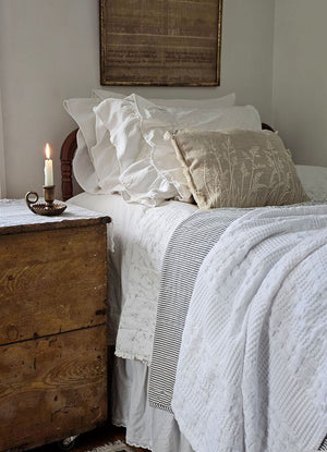 Our Serenity White Lush Ruffle Pillowcase Set brings dreamy cottage style to any bedroom. This ultra soft pillowcase set features two lavish rows of ruffles accenting the open edge of the pillowcases. Each ruffle measures 5" long with the top ruffle slightly overlapping the other. These 100% cotton pillowcases feature a weave with a substantial-weight that lends a vintage, old-world linen look and is both durable and surprisingly soft to the touch.