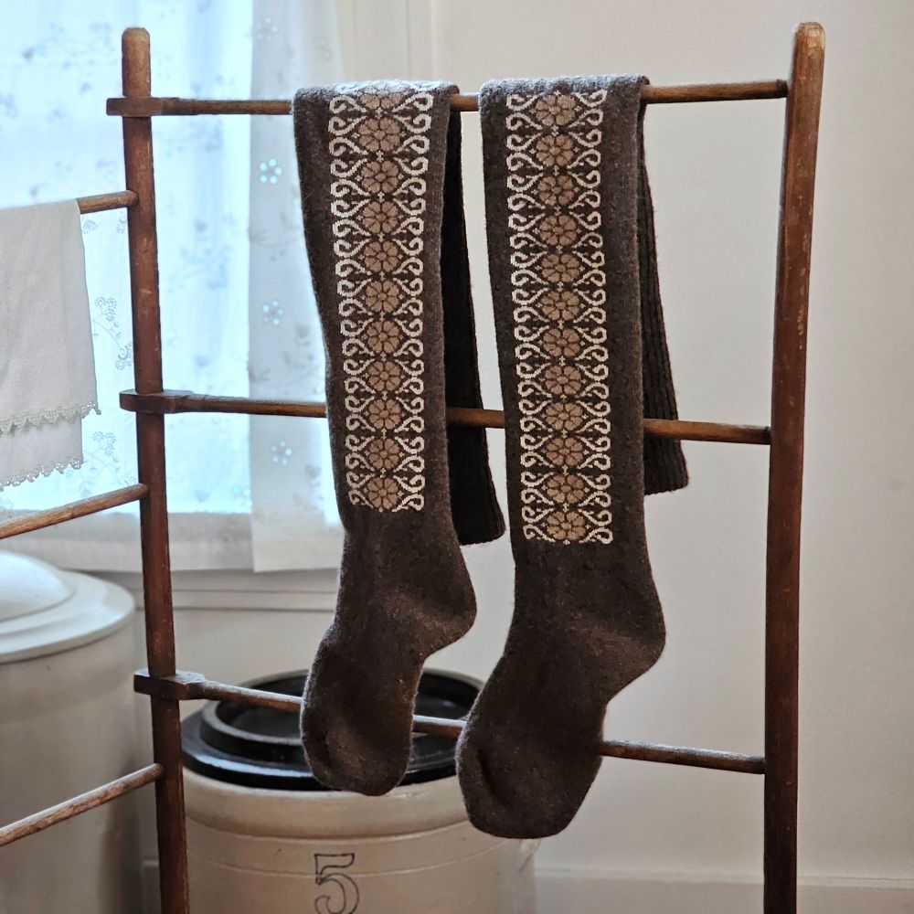 Sheep Wool Thigh High Socks with Folk Design