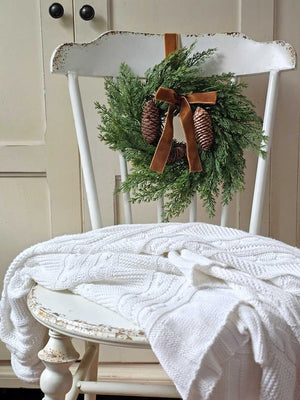 Small Cedar Wreath with Velvet Bow and Hanging Ribbon