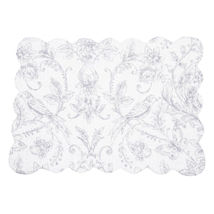 Our easy-care Songbirds Ticking and Toile Quilted Reversible Placemats combine light grey ticking and toile designs on a bright white background for relaxed, elegant style. Classic tailoring with scalloped edging, these placemats are perfect for dressing up your farmhouse table. Vintage style ticking stripes offer country charm, while the reverse side offers a faded botanical and bird toile style design. 100% cotton. Machine wash. Set of 2 Placemats