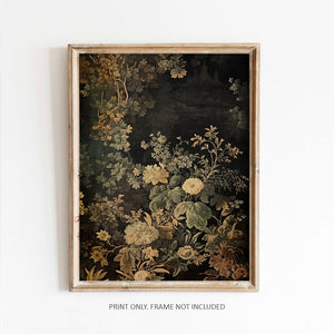 This beautiful art print features a Victorian era floral tapestry pattern. The Faded Vintage Floral Tapestry Art Print adds an enchanting charm to any room. Creams, greens, and golden shades blend together to create this moody tapestry art. Frame not included