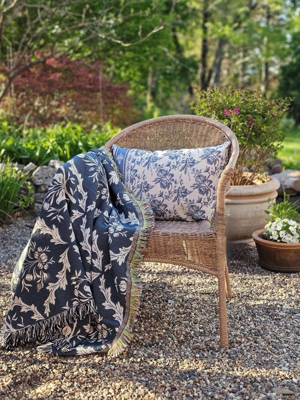 French Blue Floral Pillow and Thistle Woven Throw