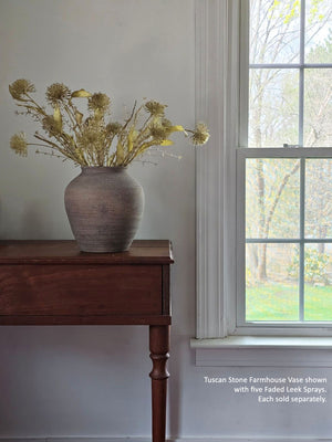 The Tuscan Stone Farmhouse Vase lends a rustic, old-world touch to any room or outdoor space. This sturdy ceramic vase has an aged terracotta patina, making this piece a perfect accent for those who love the perfectly imperfect look of vintage style home decor. Use to create stunning centerpiece displays with your favorite flowers or on its own to add texture and an earthy feel to your home decor. Shown with Faded Allium Blossom Sprays 