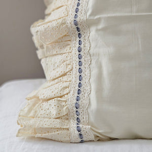 Our Eyelet Ruffles with Velvet Ribbon Pillowcase, Set of Two lends dreamy cottage style to any bedroom. These cream pillowcases feature a double layer of ruffle edges with exquisite floral eyelet detail with a grey blue velvet ribbon woven through a crochet border. This lace edge pillowcase will add texture and a charming vintage look to your room.