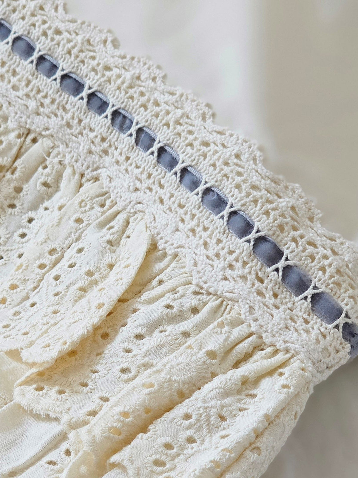 Eyelet Ruffles with Blue Velvet Ribbon Pillowcase, Set of 2 - Farmhouse ...
