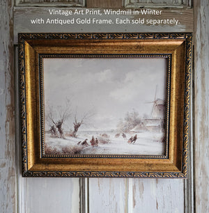 This magical landscape scene captures a moment of daily life: gathering to ice skate under a snowy sky . This Vintage Art Print, Winter at the Windmill, is a reproduction of a vintage painting. It is printed on high quality card stock with archival ink. Original art has been digitally retouched to preserve characteristics, grain and cracks. Image size: 10"x 8". Print only. No frame included.
