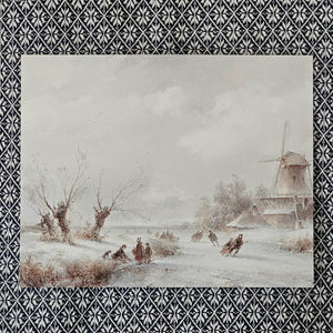 This magical landscape scene captures a moment of daily life: gathering to ice skate under a snowy sky . This Vintage Art Print, Winter at the Windmill, is a reproduction of a vintage painting. It is printed on high quality card stock with archival ink. Original art has been digitally retouched to preserve characteristics, grain and cracks. Image size: 10"x 8". Print only. No frame included.