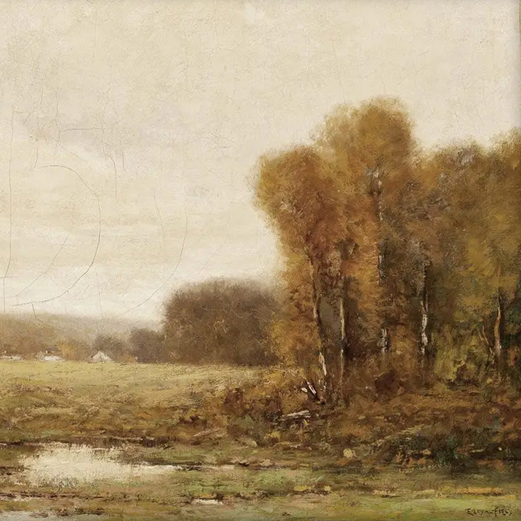 The Vintage Autumnal Landscape Art Print adds a moody, vintage touch to any room. It features golden green hues and depicts a quiet tree-lined meadow. The art&nbsp;is printed on high quality card stock with archival ink. Original art has been digitally retouched to preserve characteristics, grain and cracks. Image size: 10"x 8". Print only. No frame included.