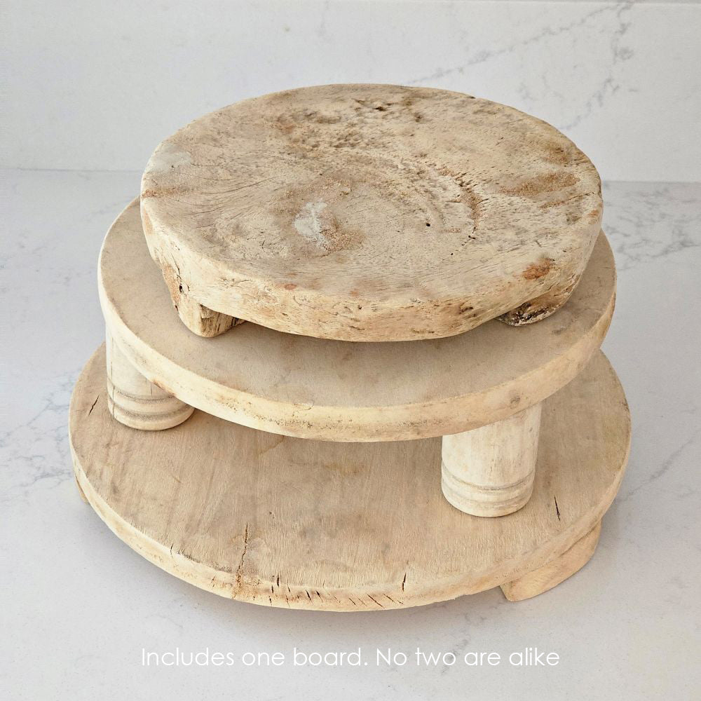 The Chapati Board is a long-standing household necessity in homes across India. These authentic, refurbished Vintage Bleached Chapati Boards take a modern turn as a home accent. No two are alike.
