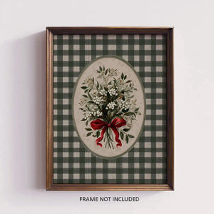 Vintage Cottage Art Print with Bouquet on Green Gingham