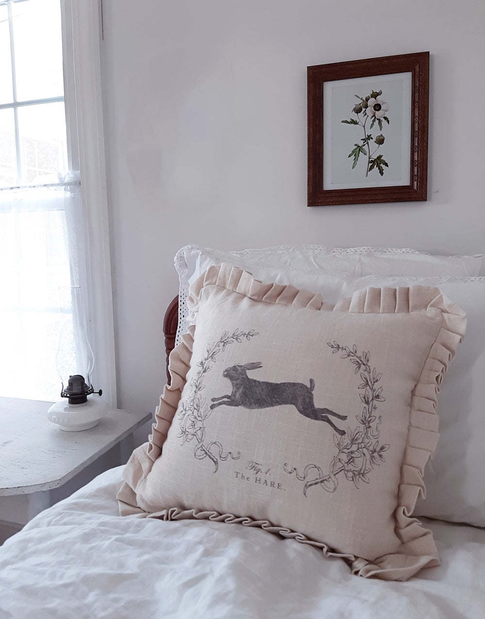 Linen Style Hare Pillow with Ruffles - Farmhouse Wares