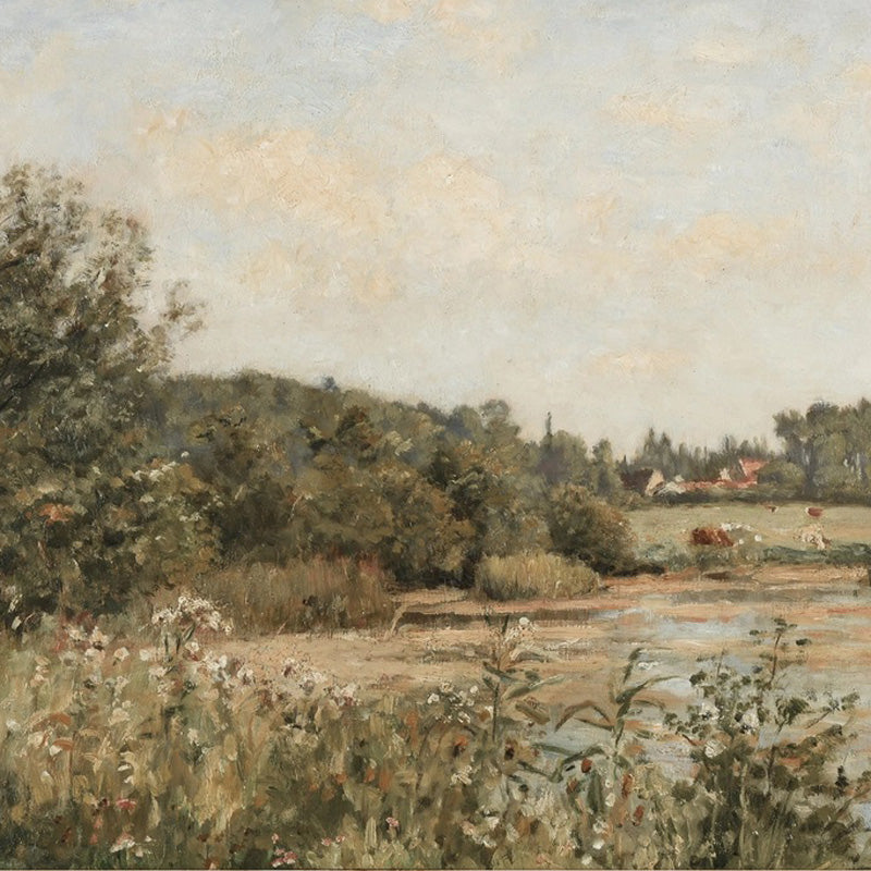 This Vintage Landscape Art Print, Muted Stream adds an enchanting charm to any room. This country streamside pasture evokes a tranquil feeling. The art is printed on high quality card stock with archival ink. Original art has been digitally retouched to preserve characteristics, grain and cracks. Image size: 10"x 8". Print only. No frame included.