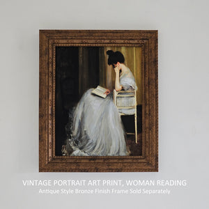 This Vintage Portrait Art Print, Woman Reading will add an antique touch to any room. This art print is a dark and moody reproduction of a vintage oil painting with the original artwork dating back to c. 1800's.  This Vintage Portrait Art Print is printed on high quality museum stock with archival ink. Image size: 8"x10". Print Only. No frame included.  Made in the USA