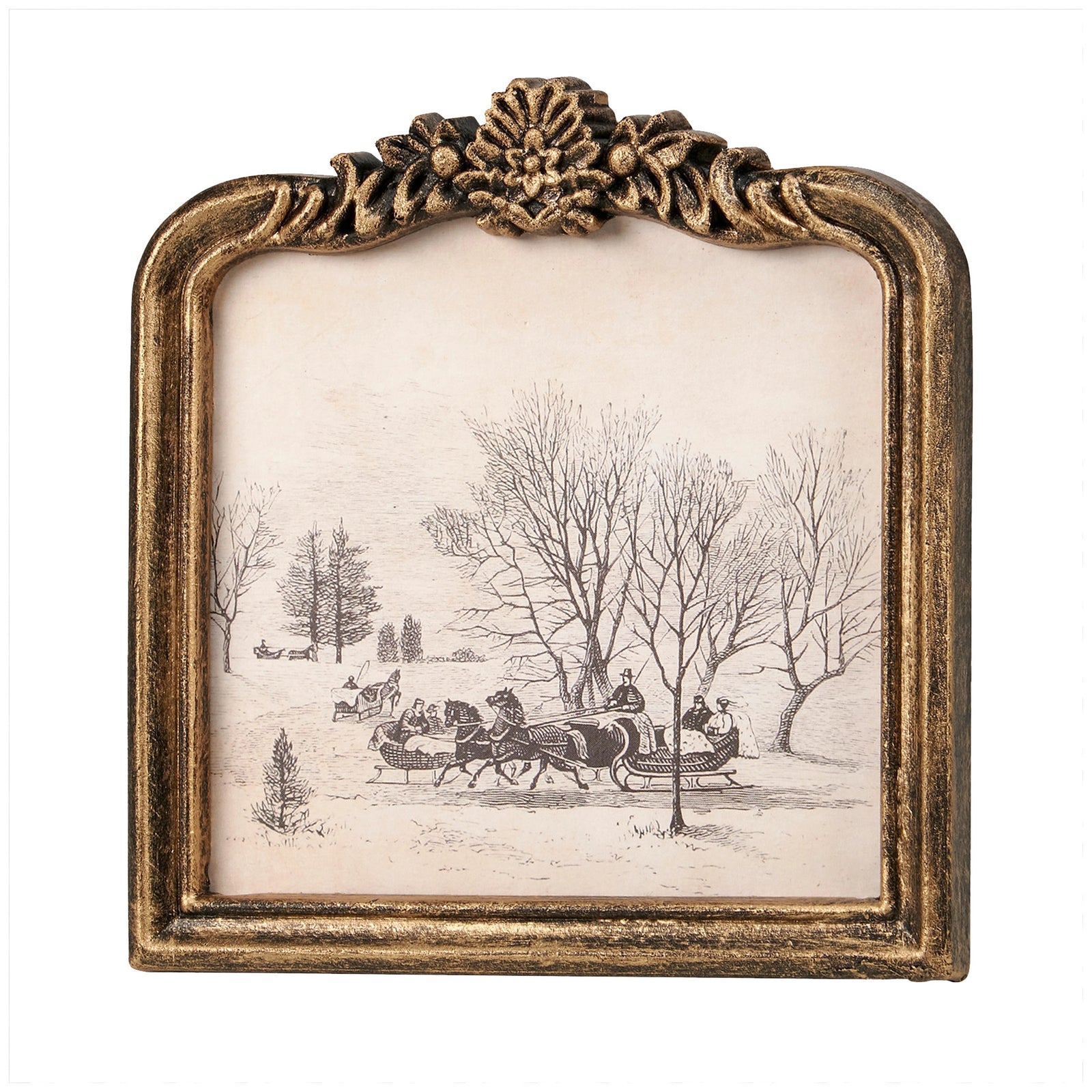 The Vintage Sleigh Ride Framed Wall Art adds a touch of old-world charm to any living space. The oval-top frame offers a unique touch. It features a molded ornate design with metallic antique golden wash over black for a antique look. This winter scene will bring a cozy, nostalgic feel into your home. Frame is plastic with no glass, making it light and easy to hang.