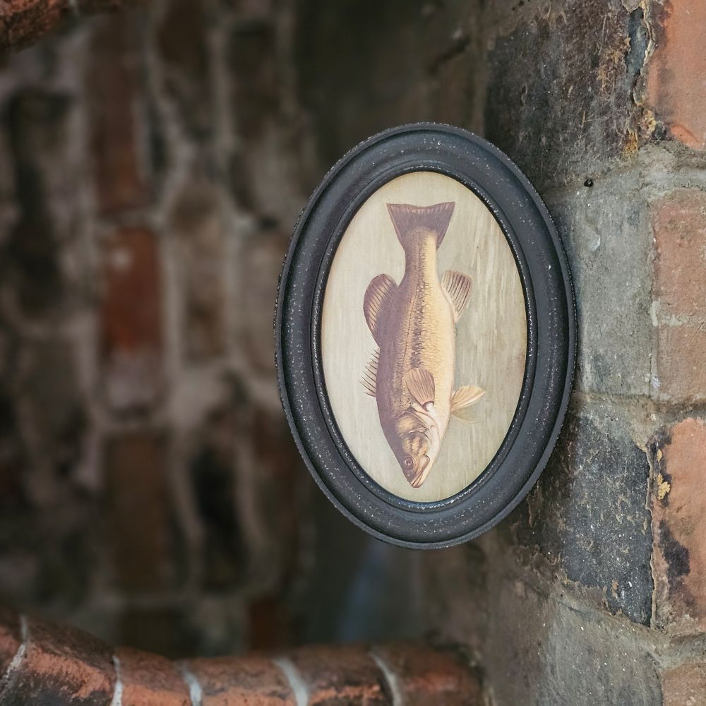 The Vintage Style Bass Fish in Black Frame is a small framed art piece with tons of vintage cabin charm. The antique inspired fish print sits within an oval black frame with an antiqued finish for a rustic style. Our Vintage Style Bass Fish in Black Frame is easy to display either using the easel on the back to free-stand or hang via the attached sawtooth hanger. 7.3"L x 5"H