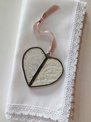 Vintage Lace Heart Ornament with White Lace Napkin Set