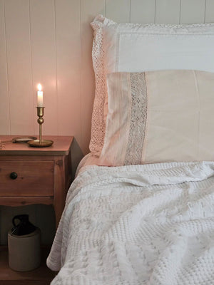 Gold Taper Candle Holder with Vintage Style Crochet Lace Pillowcase in Peach