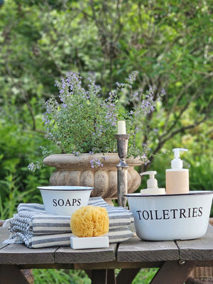 The Nautical Stripe Turkish Towel with Enamel Toiletries Bowl and Soap Bowl