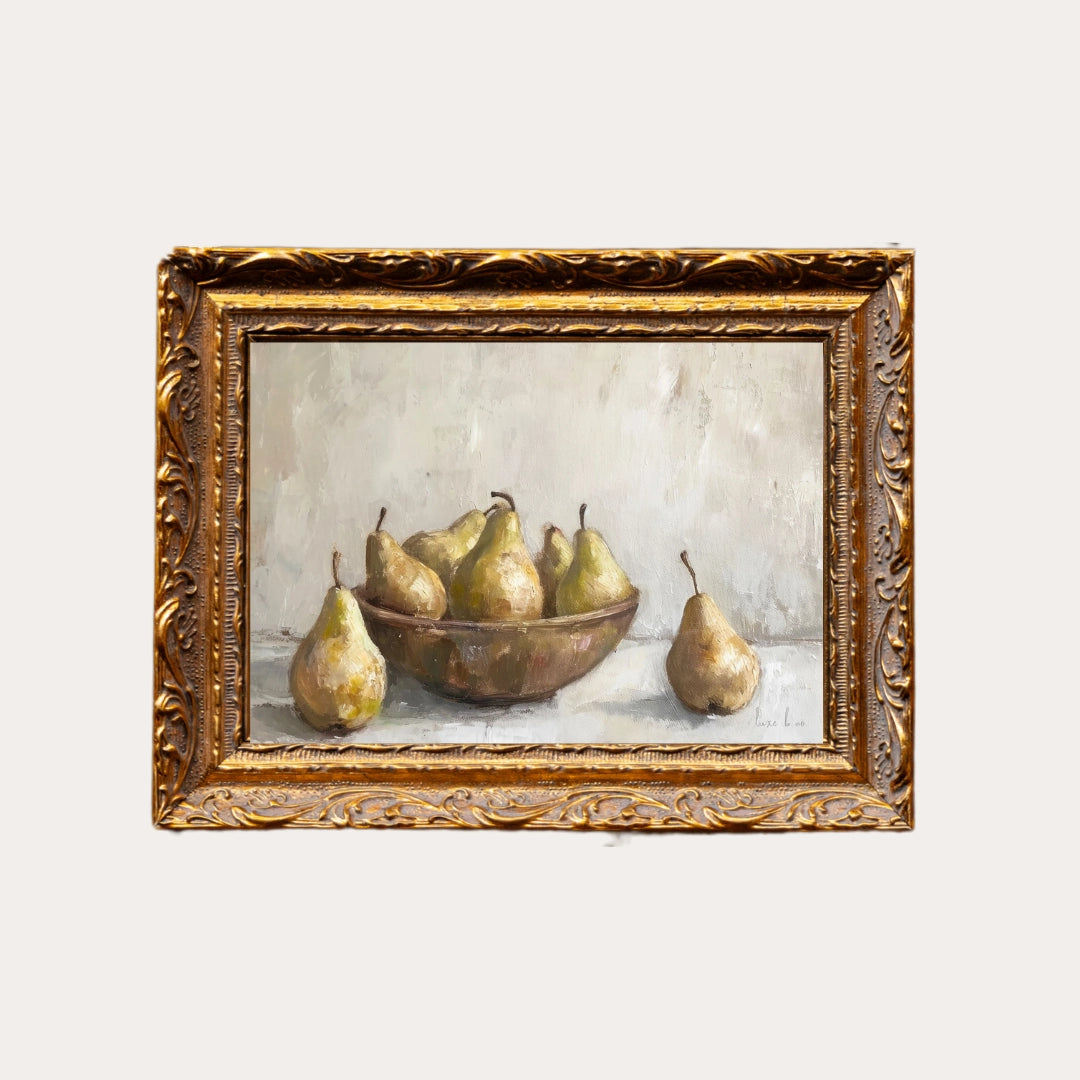 This elegant reproduction watercolor painting of pears captures the essence of old-world charm, beautifully enhanced by an ornate antiqued gold wood frame. Its sophisticated design adds a timeless touch to any room, blending classic artistry with refined decor. Perfect for those seeking to elevate their space with subtle elegance and a hint of rustic luxury. 