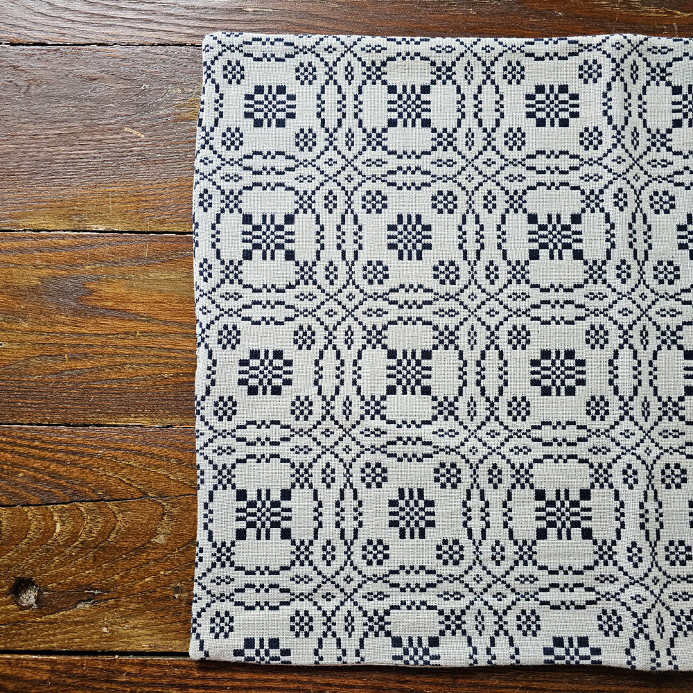 Add antique cottage charm with our Welsh Inspired Navy and Cream Placemat, Set of Two. Influenced by vintage Welsh tapestry patterns, this Welsh Inspired Placemats add instant old-world character to any room. They feature a classic navy pattern with a cream back. Made from premium cotton and machine washable for simple upkeep. Set of Two. 18" x 14"