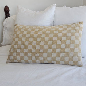 Add cheerful country style to any room with our Golden Wheat and Flax Checkered Pillow. The bright checks lend a fresh farmhouse look. The back features a solid flax linen look with a hidden zipper closure. This accent pillow is ideal for layering and lounging.