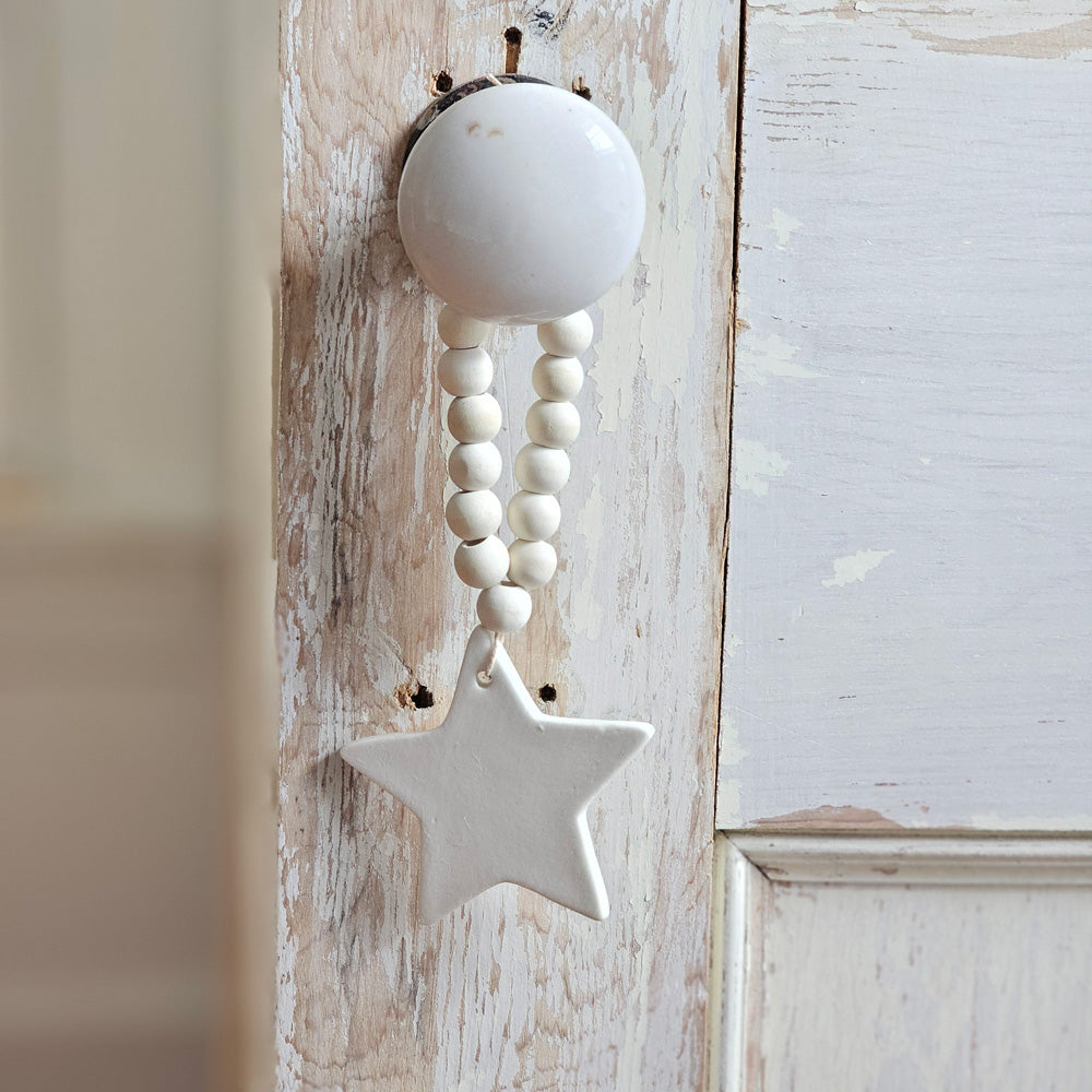 White Clay Star and Wood Bead Ornament