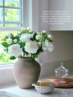 White Long Stem Roses in Tuscan Stone Farmhouse Vase