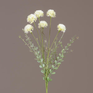 Add English cottage style with our White Allium Blossom Spray. This faux flower spray features three creamy white allium blossoms with green wildflower style leaves. The stem is long, slender, and flexible and is easily shaped for a desired look. It can be displayed alone for a simple country look or arranged into a bouquet. It easily fits into baskets, buckets, and milk cans and more. Includes one spray. 19”H
