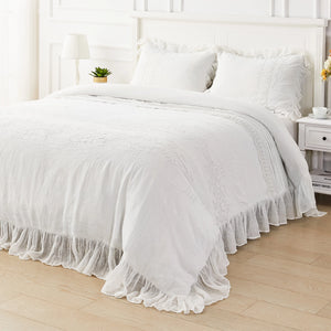 White Linen and Lace Duvet Cover and Sham Set