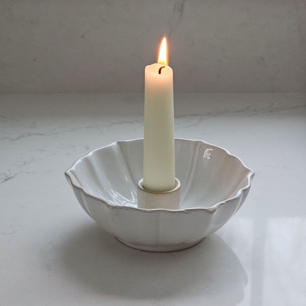 White Lotus Ceramic Taper Candle Bowl