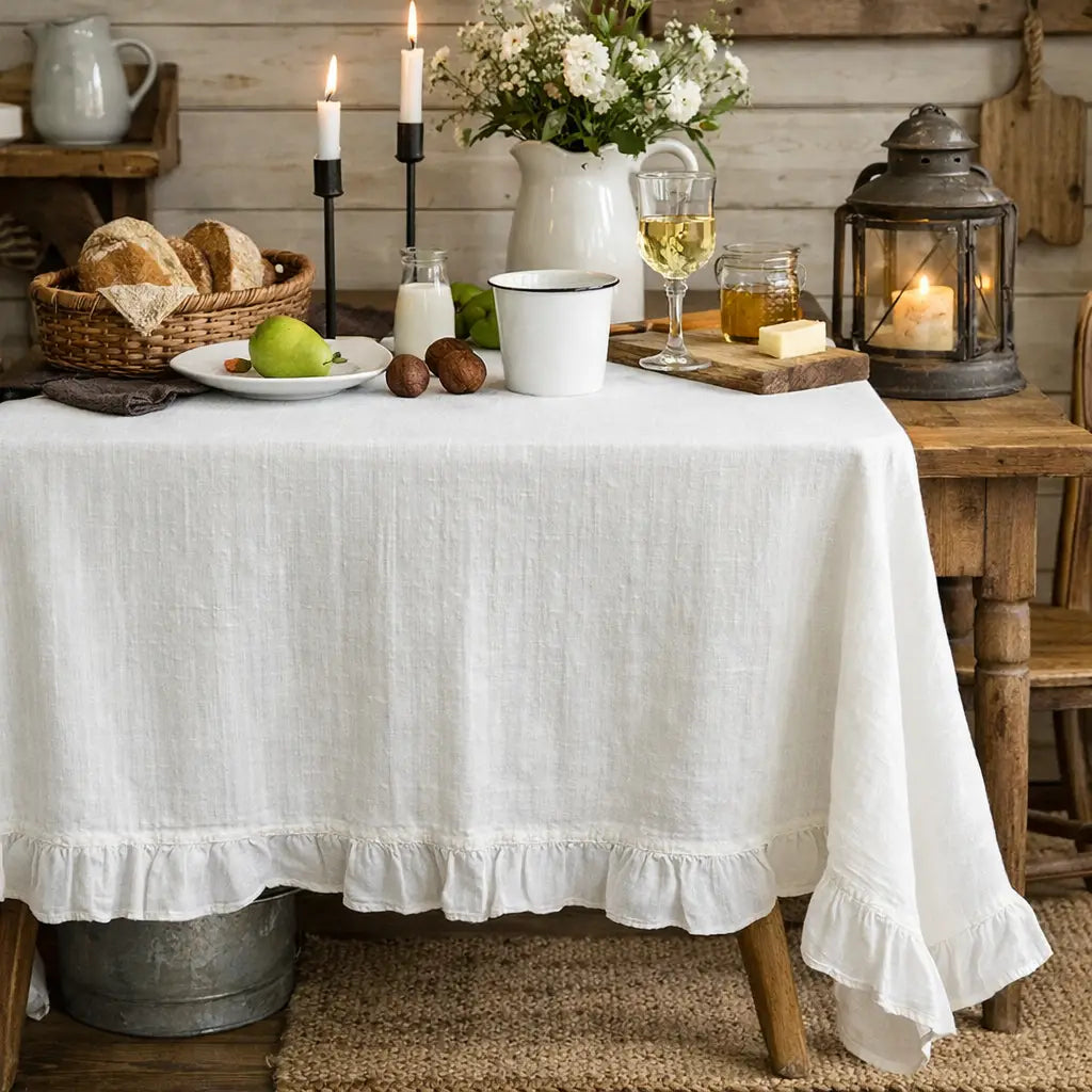Add dreamy country charm to any occasion with our White Ruffle Prairie Tablecloth. Features a sweet ruffle trim and crisp white cotton. Inspired by vintage home linens, this cotton tablecloth gets prettier with every wash. Create instant cottage style or a dreamy farmhouse tables design for your next event. Perfect for indoor or outdoor dining. Cotton. Machine wash. 55" x 55"