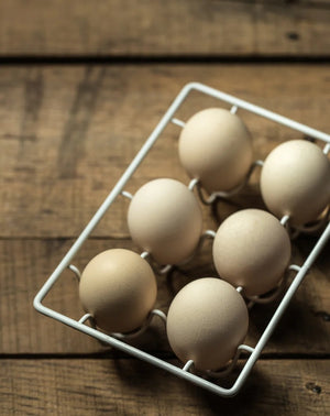 Add vintage style to your kitchen with our White Wire Egg Tray. Perfect for any farmhouse kitchen, this caddy holds a six eggs, and is perfect for keeping them close at hand when cooking and baking. This egg holder is also the ideal size  slip into the refrigerator.  Brown Resin Eggs sold separately. 7"L x 5"W x 2"H