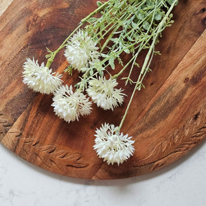 Add English cottage style with our White Allium Blossom Spray. This faux flower spray features three creamy white allium blossoms with green wildflower style leaves. The stem is long, slender, and flexible and is easily shaped for a desired look. It can be displayed alone for a simple country look or arranged into a bouquet. It easily fits into baskets, buckets, and milk cans and more. Includes one spray. 19”H