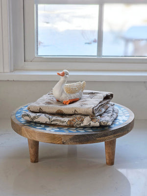 Wood Riser with Blue Inlay Design