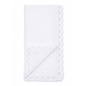 The White Lace Napkins are inspired by 19th century French linens. The edges are decorated with sweet lace trim. These napkins evoke a vintage charm and bring timeless French Country elegance to your farm table. Machine wash. 100% easy care Polyester. Set of Two. 20” x 20”