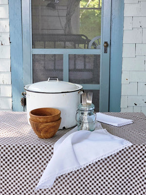 Brown and White Gingham Check Tablecloth with Ruffled Edge