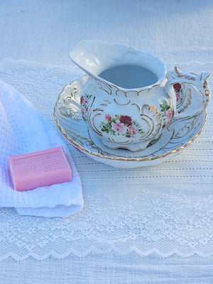 Porcelain White Pitcher and Bowl with Vintage Rose and Gold Accents with French Soap