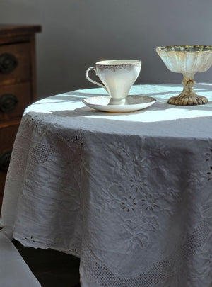 White Porcelain Tea Cup and Saucer with Gold Lace Design, Vintage Style Embroidered table cloth, Mercury Glass Compote, Romantic Cottage, Vintage Tea Time