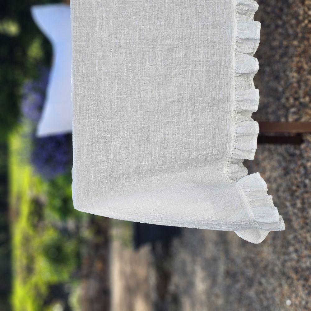 Add dreamy country charm to any occasion with our White Ruffle Prairie Tablecloth. Features a sweet ruffle trim and crisp white cotton. Inspired by vintage home linens, this cotton tablecloth gets prettier with every wash. Create instant cottage style or a dreamy farmhouse tables design for your next event