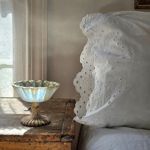 White Vintage Cotton Eyelet Lace Pillowcase with Mercury Glass Pedestal Bowl