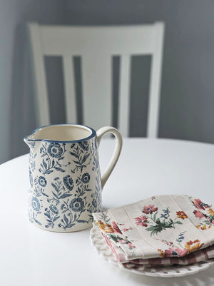 White and Blue Floral Pitcher with Cottage Rose Kitchen Towel