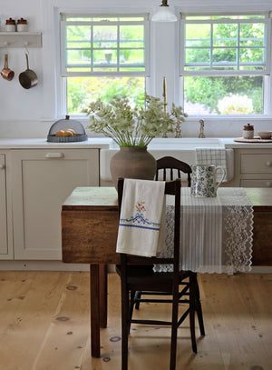 Cottage Kitchen with Lace Runner and Queen Anne's Lace Flowers