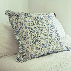 White and Blue Floral Ruffled Euro Sham